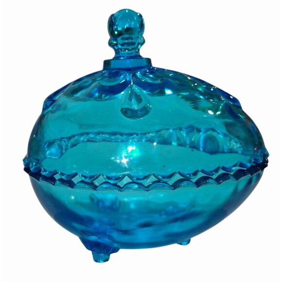 Vintage Blue Glass Candy Dish With Lid Embossed Floral Design Scalloped Edges Pe - Picture 1 of 9